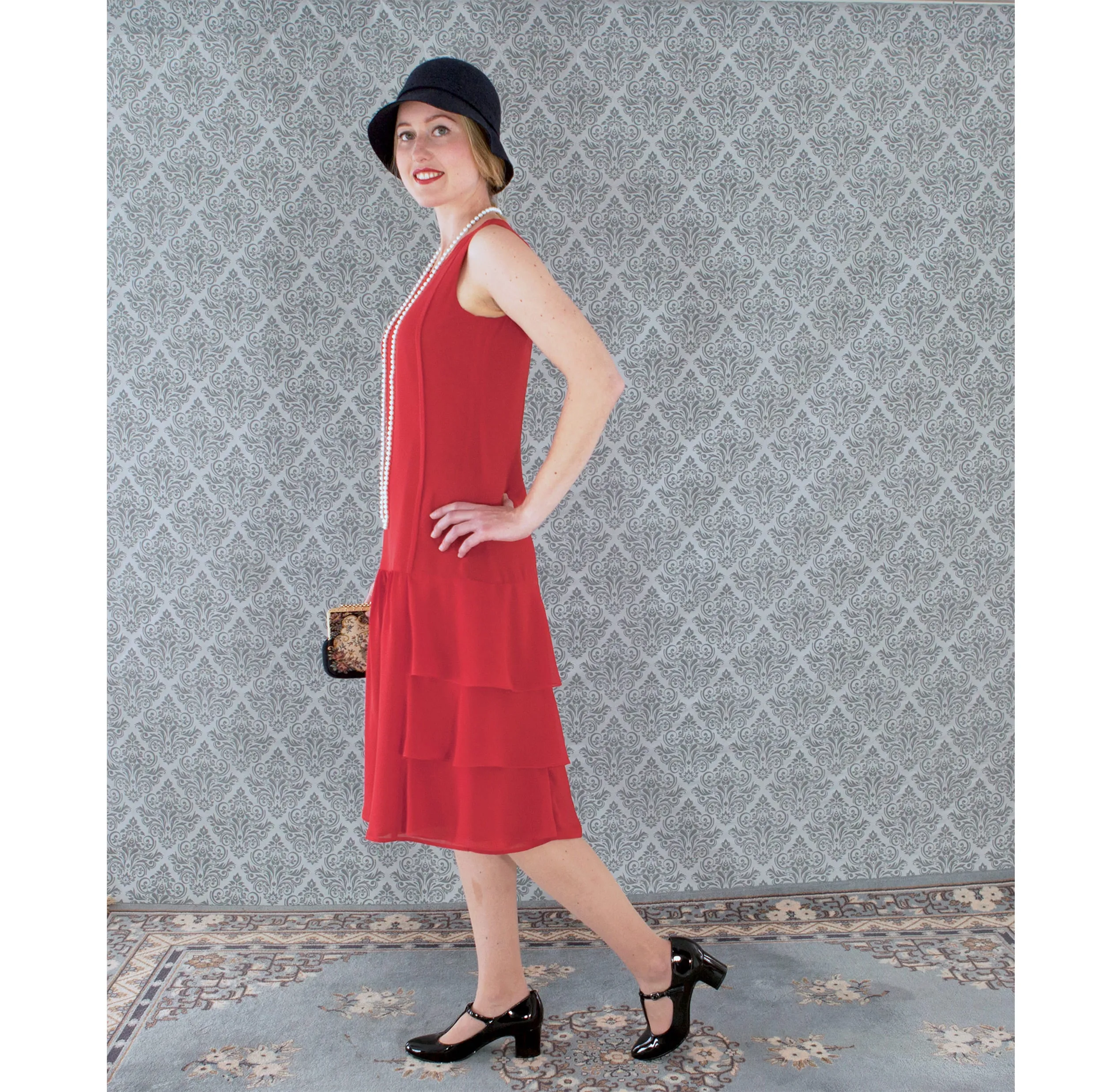 Red chiffon Great Gatsby dress with tiered skirt