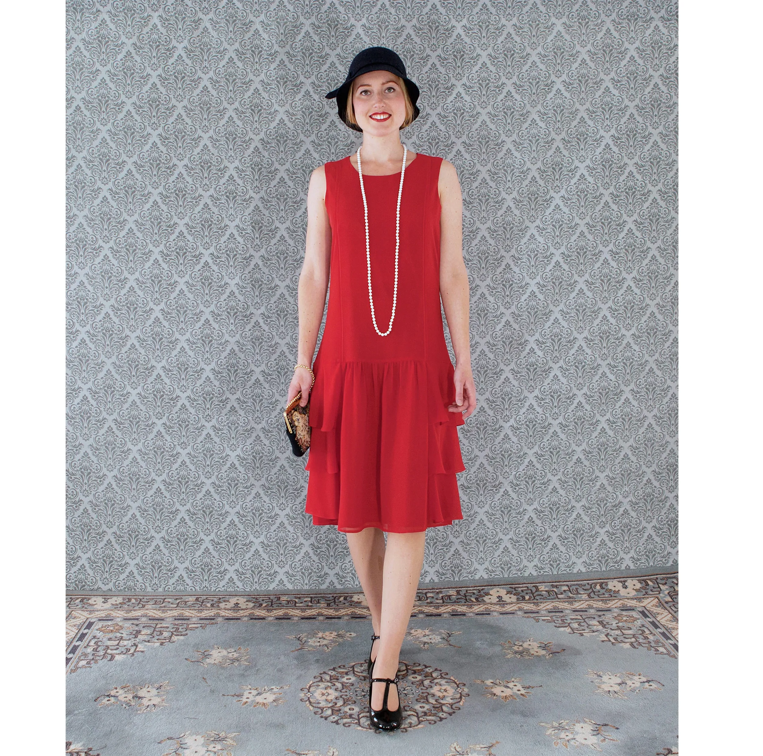 Red chiffon Great Gatsby dress with tiered skirt