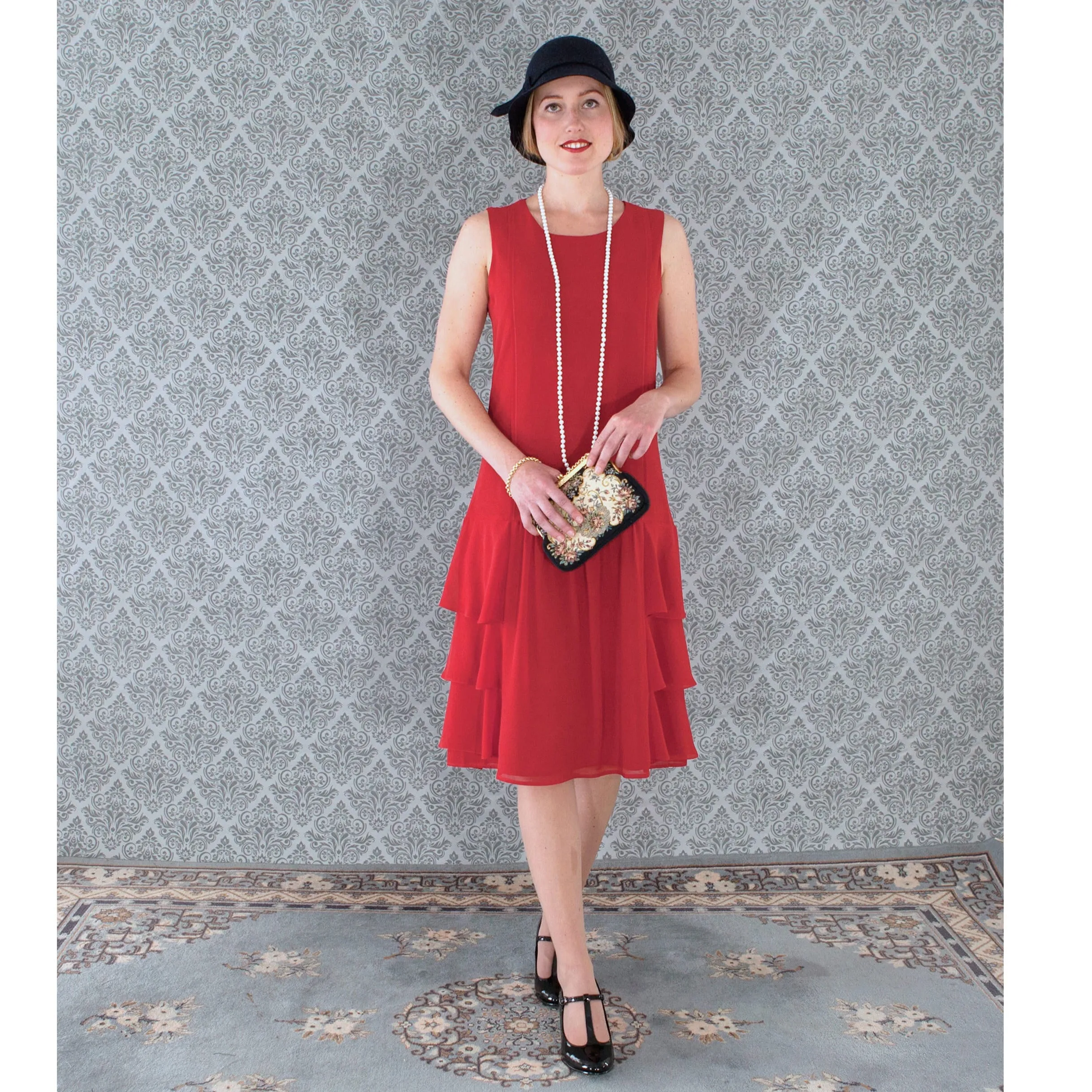 Red chiffon Great Gatsby dress with tiered skirt