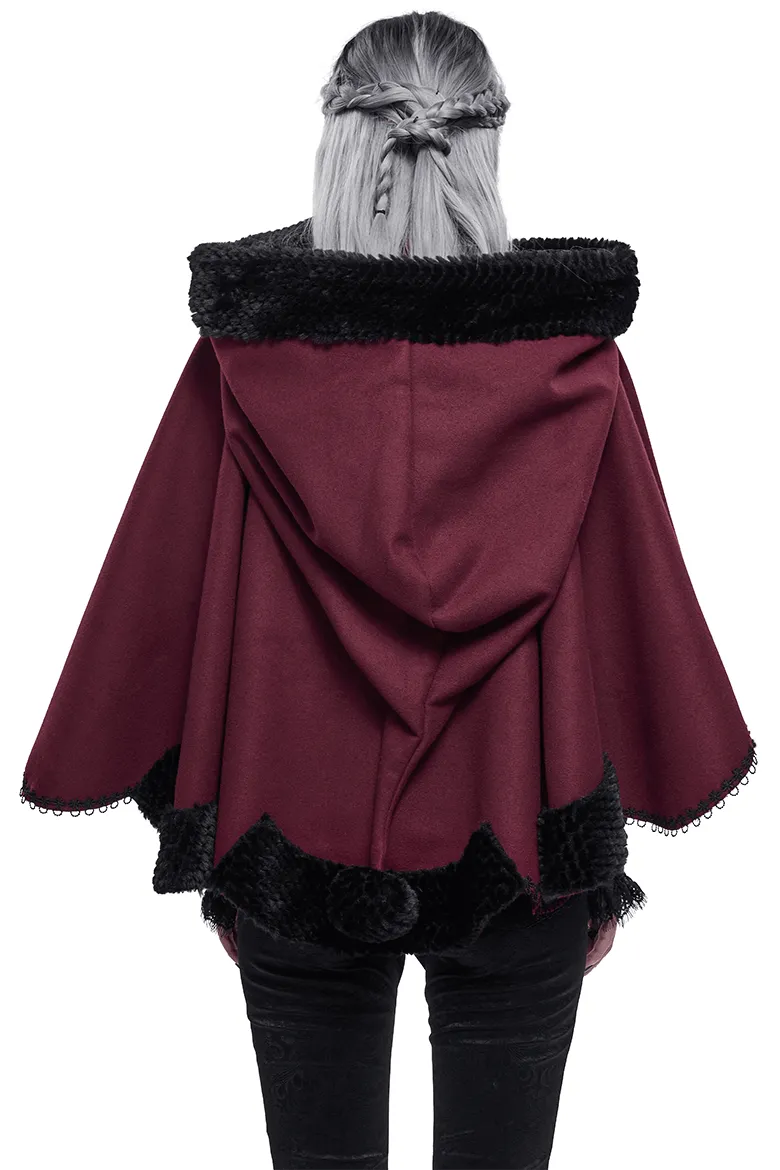 Red Gothic Short Hooded Cloak / Female Loose Cape with Black Fur and Cute Balls