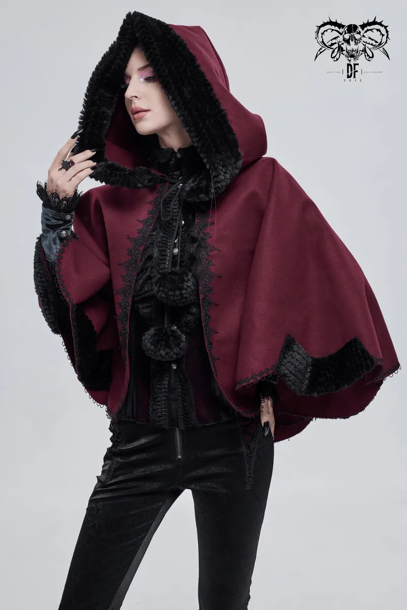 Red Gothic Short Hooded Cloak / Female Loose Cape with Black Fur and Cute Balls