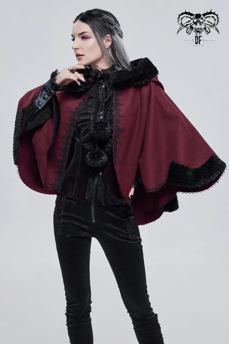 Red Gothic Short Hooded Cloak / Female Loose Cape with Black Fur and Cute Balls