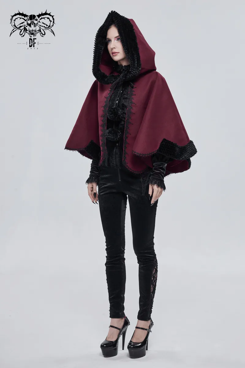 Red Gothic Short Hooded Cloak / Female Loose Cape with Black Fur and Cute Balls