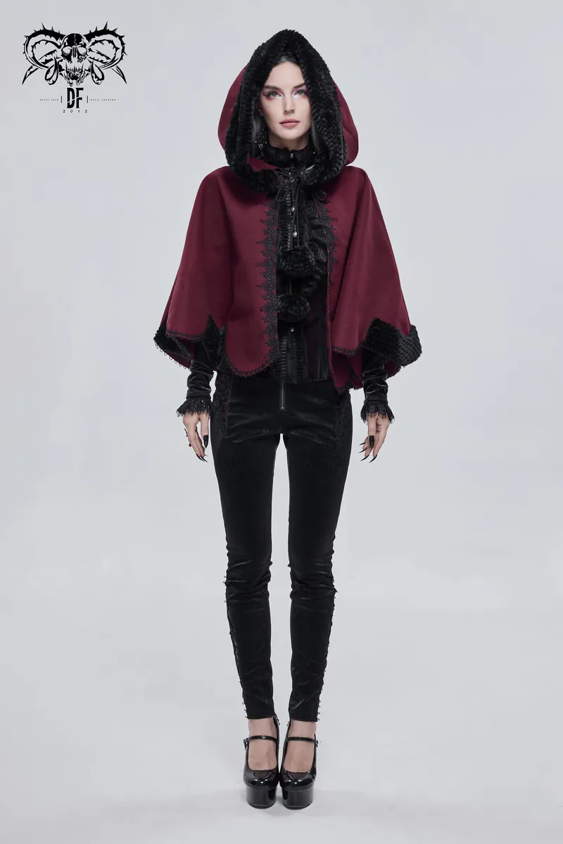 Red Gothic Short Hooded Cloak / Female Loose Cape with Black Fur and Cute Balls