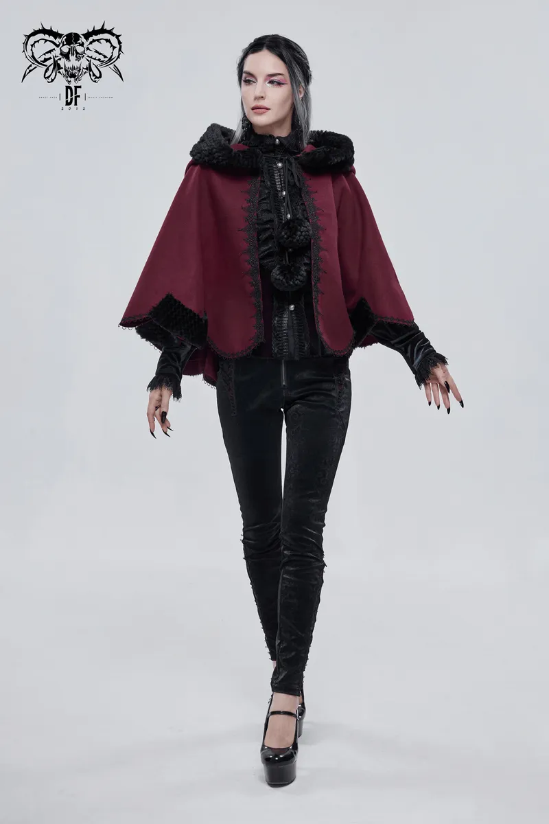 Red Gothic Short Hooded Cloak / Female Loose Cape with Black Fur and Cute Balls