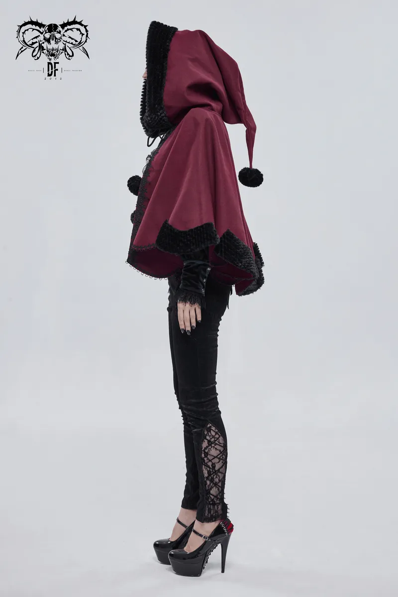 Red Gothic Short Hooded Cloak / Female Loose Cape with Black Fur and Cute Balls