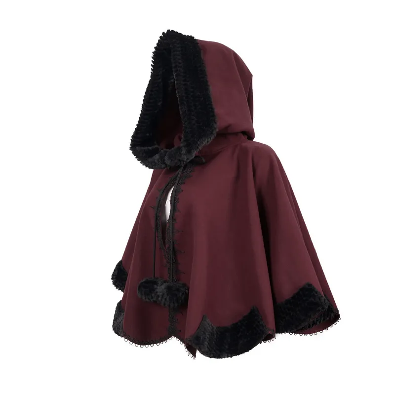 Red Gothic Short Hooded Cloak / Female Loose Cape with Black Fur and Cute Balls