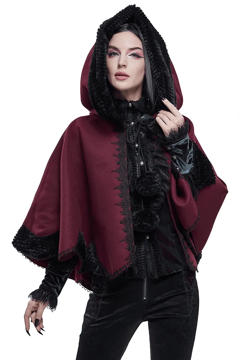 Red Gothic Short Hooded Cloak / Female Loose Cape with Black Fur and Cute Balls