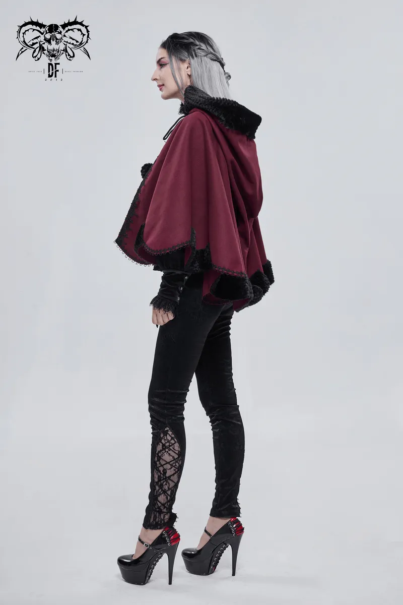 Red Gothic Short Hooded Cloak / Female Loose Cape with Black Fur and Cute Balls