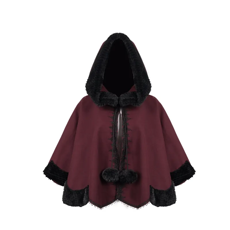 Red Gothic Short Hooded Cloak / Female Loose Cape with Black Fur and Cute Balls