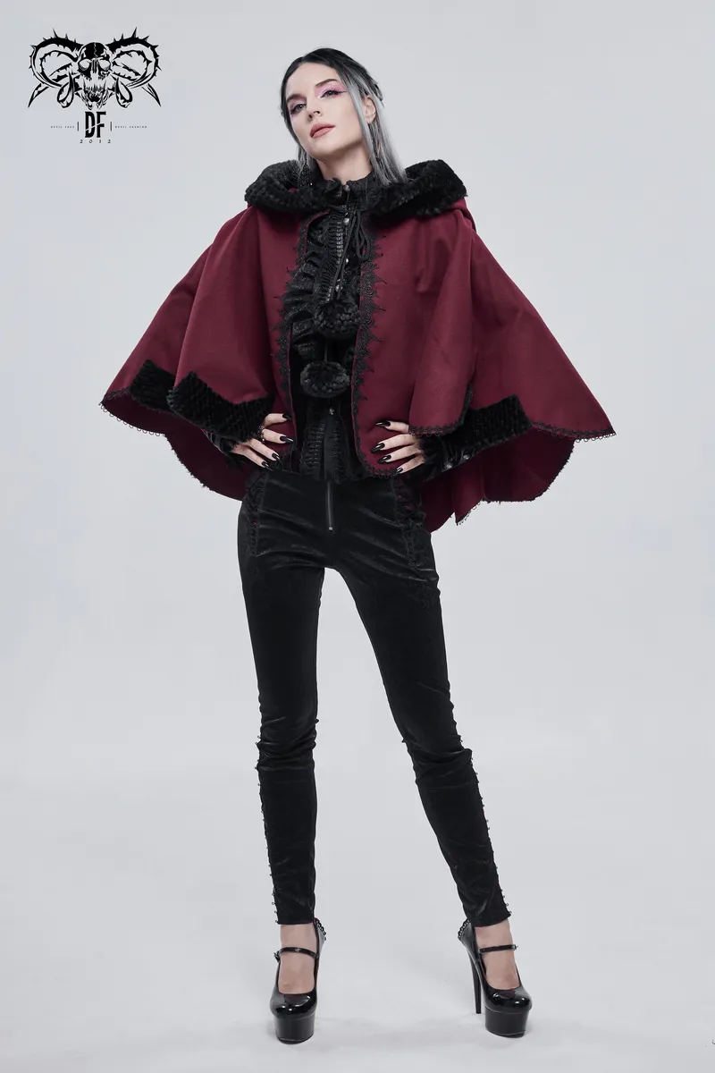 Red Gothic Short Hooded Cloak / Female Loose Cape with Black Fur and Cute Balls