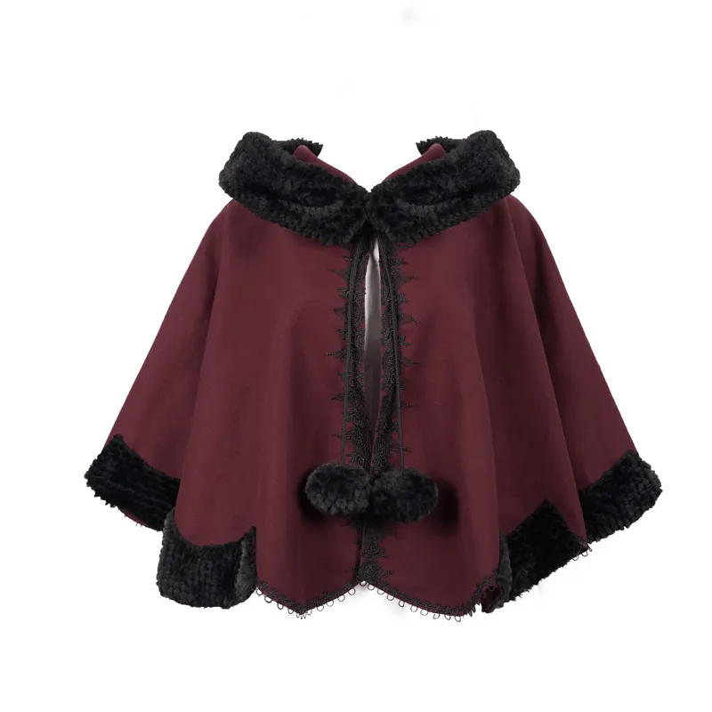 Red Gothic Short Hooded Cloak / Female Loose Cape with Black Fur and Cute Balls