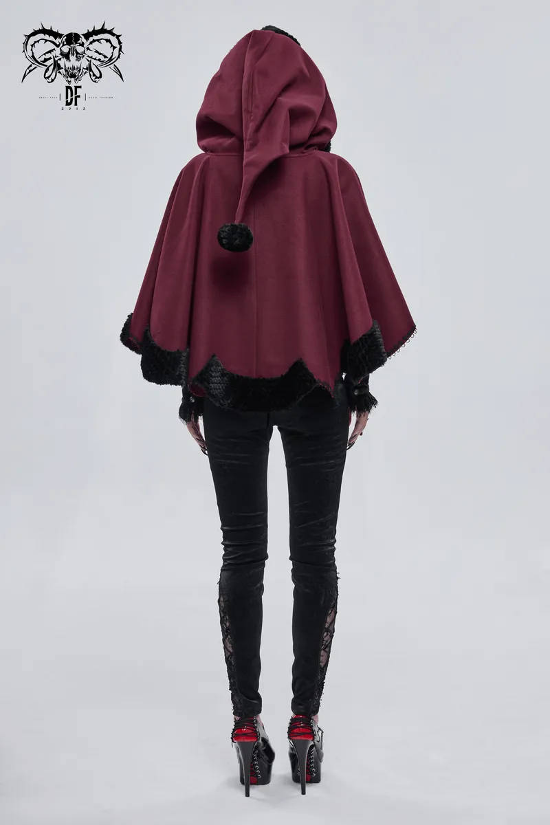 Red Gothic Short Hooded Cloak / Female Loose Cape with Black Fur and Cute Balls