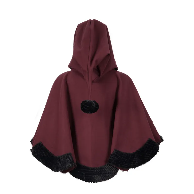 Red Gothic Short Hooded Cloak / Female Loose Cape with Black Fur and Cute Balls