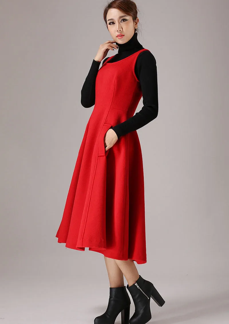 Red wool dress sleeveless maxi dress (769T)