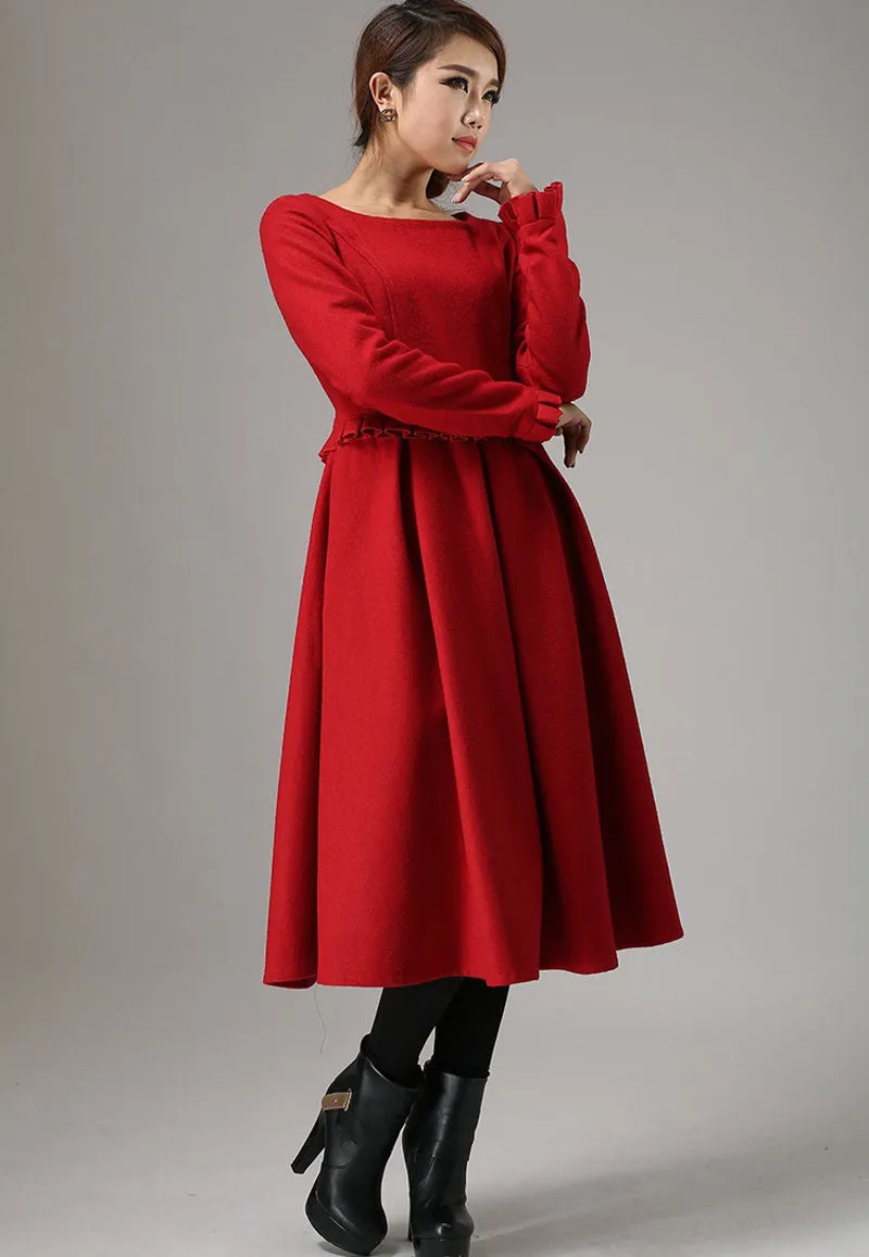 Red wool dress winter dress maxi dress (741)