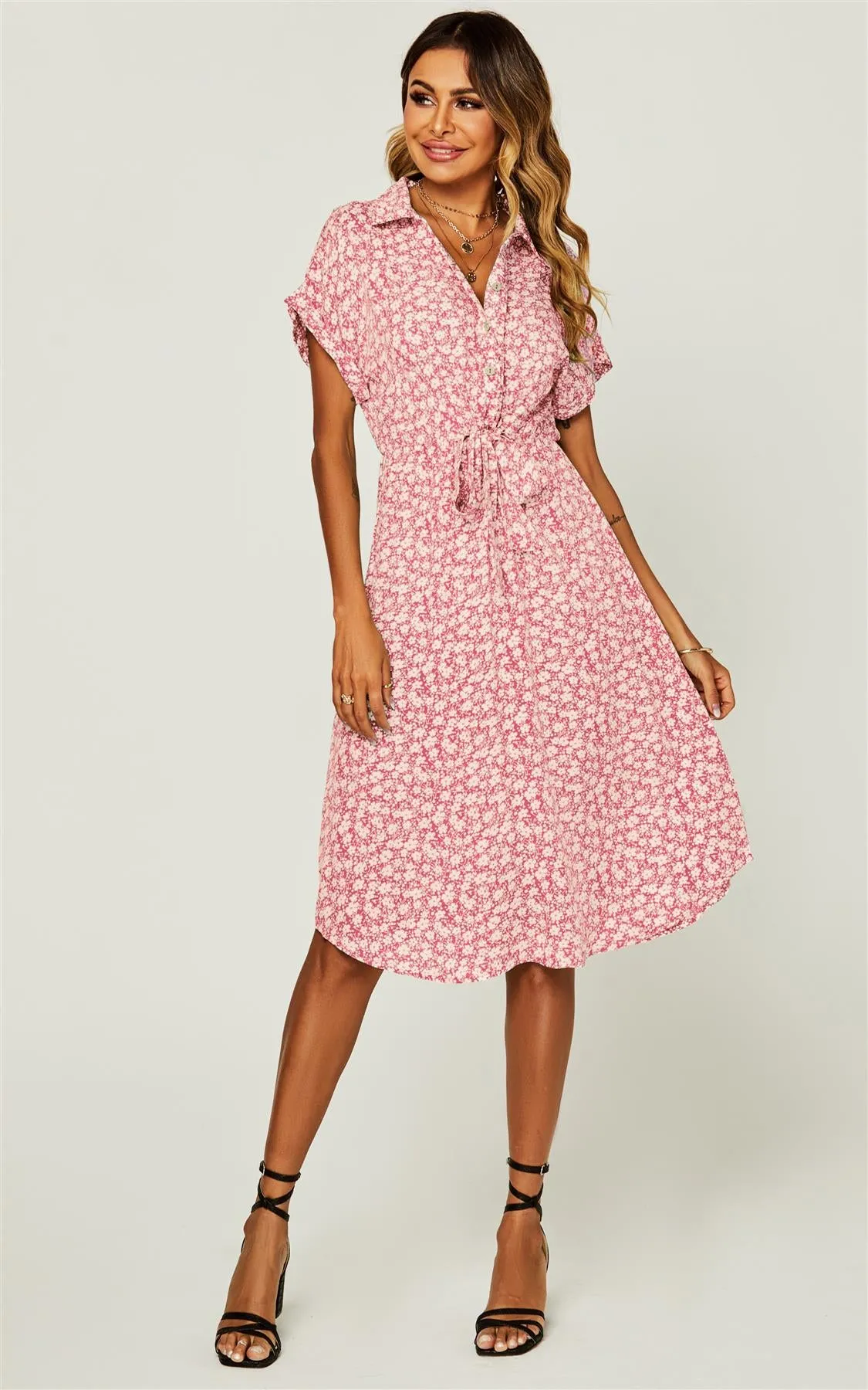 Relaxed Floral Print Button Down Midi Shirt Dress In Pink