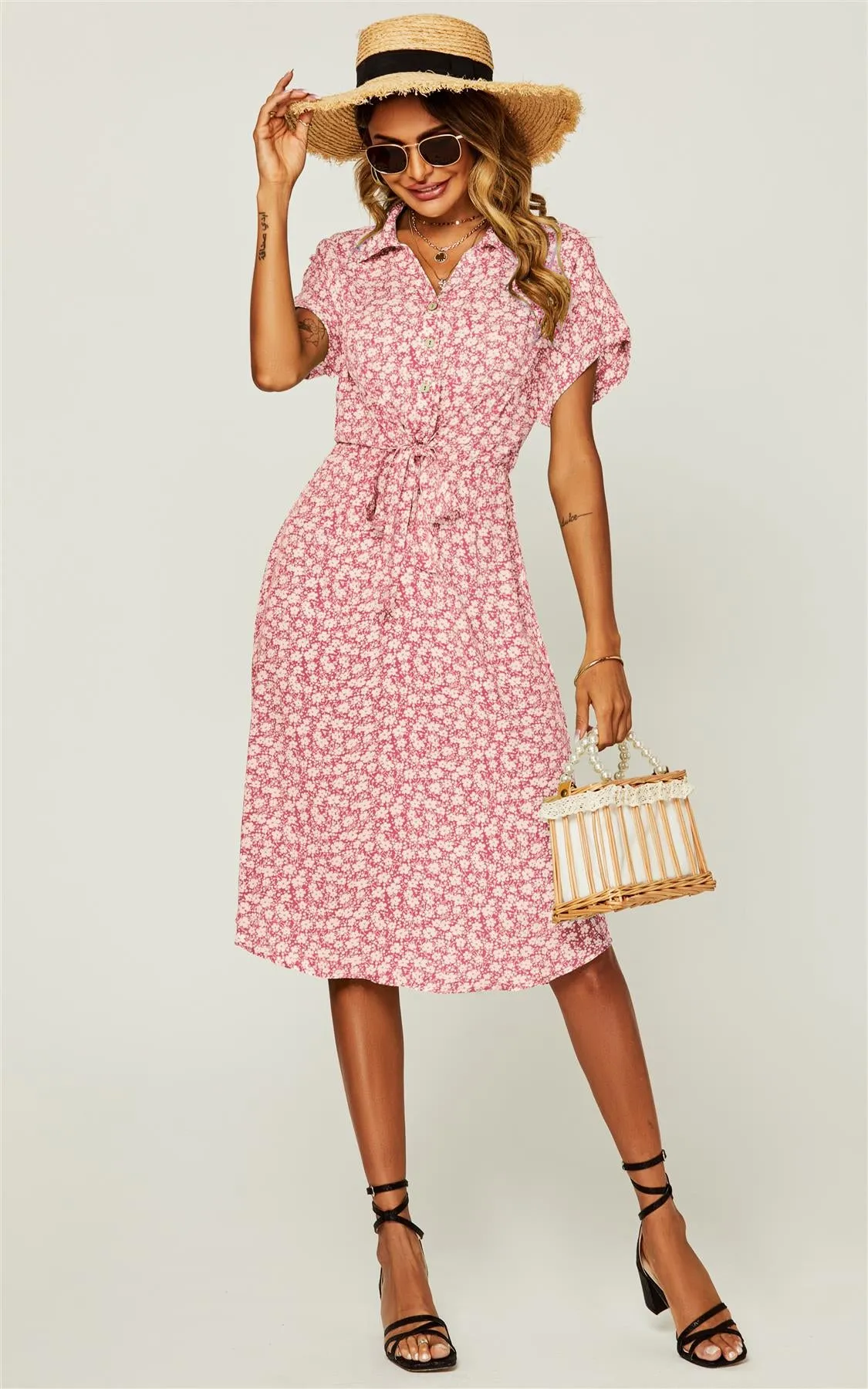 Relaxed Floral Print Button Down Midi Shirt Dress In Pink