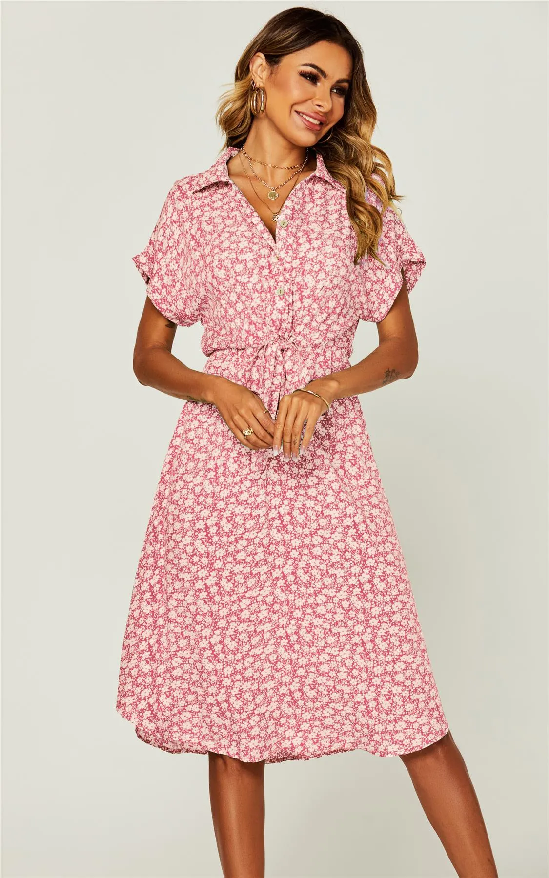 Relaxed Floral Print Button Down Midi Shirt Dress In Pink