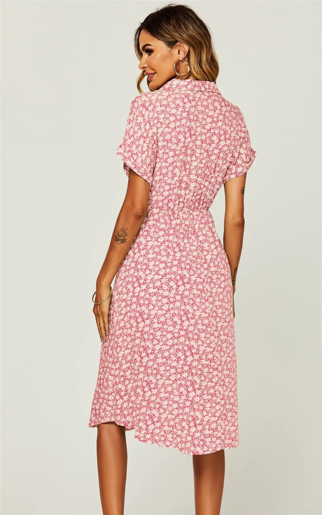 Relaxed Floral Print Button Down Midi Shirt Dress In Pink