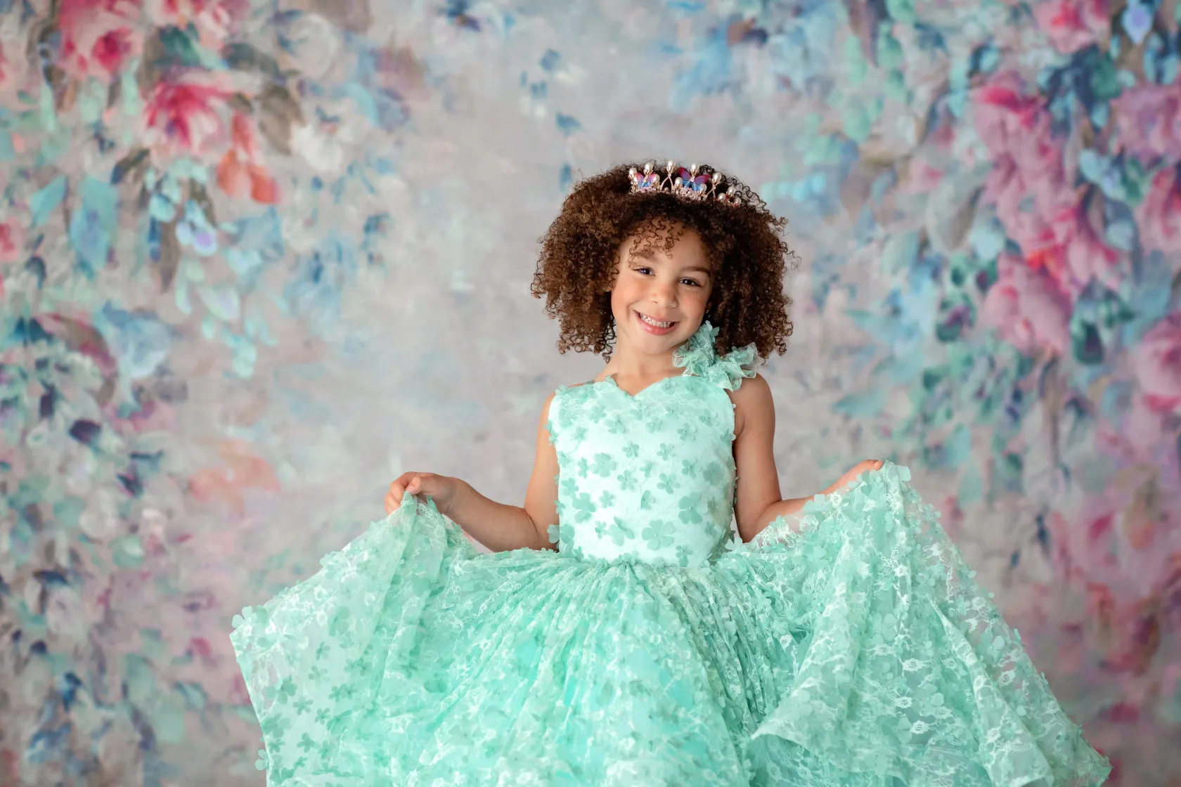 RETIRED RENTAL EUC /NEWER CONDITION "Fluttering Mint" -  high low Length Floral Gown ( 6 Year - Petite 8 Year)