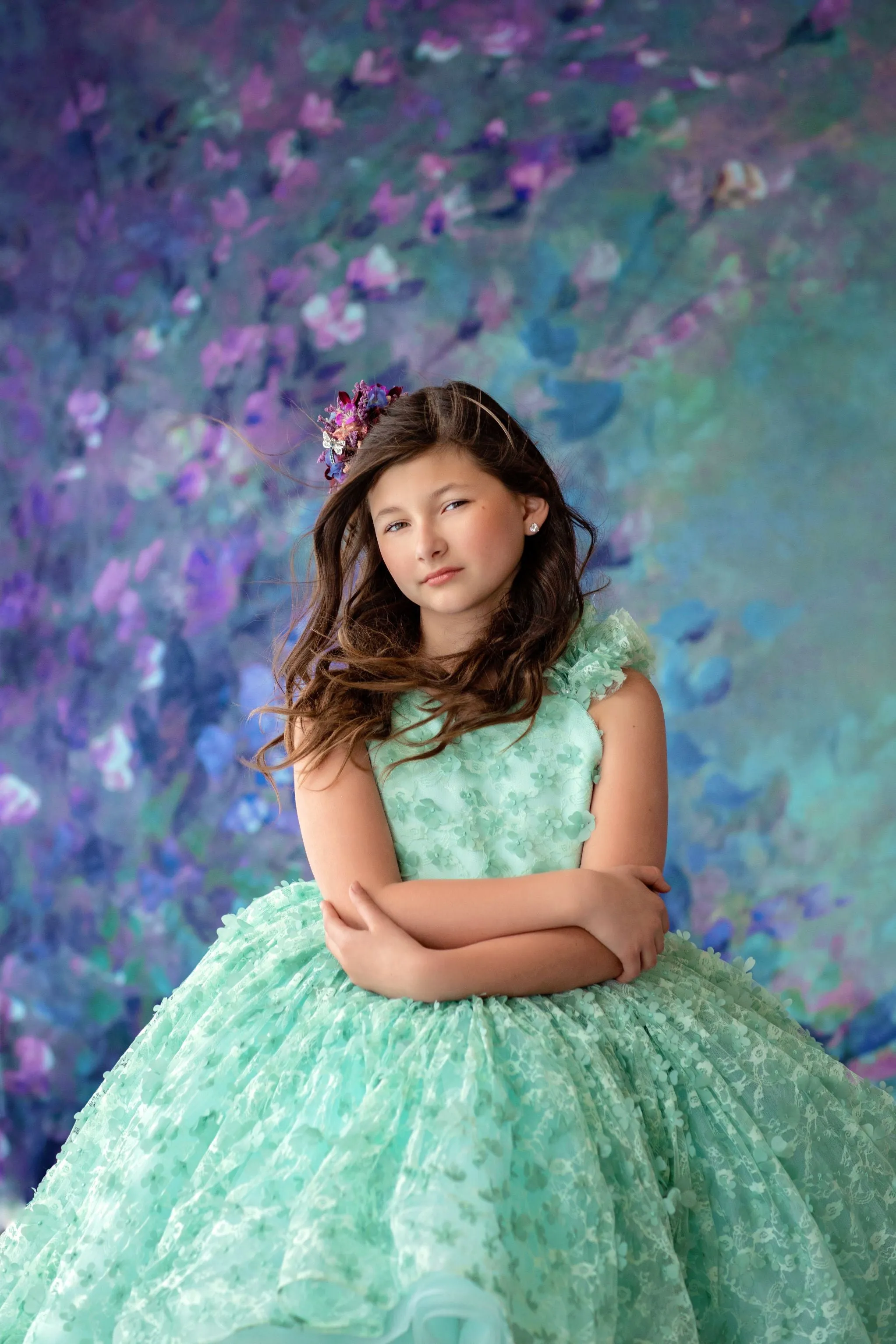 RETIRED RENTAL EUC /NEWER CONDITION "Fluttering Mint" -  high low Length Floral Gown ( 6 Year - Petite 8 Year)