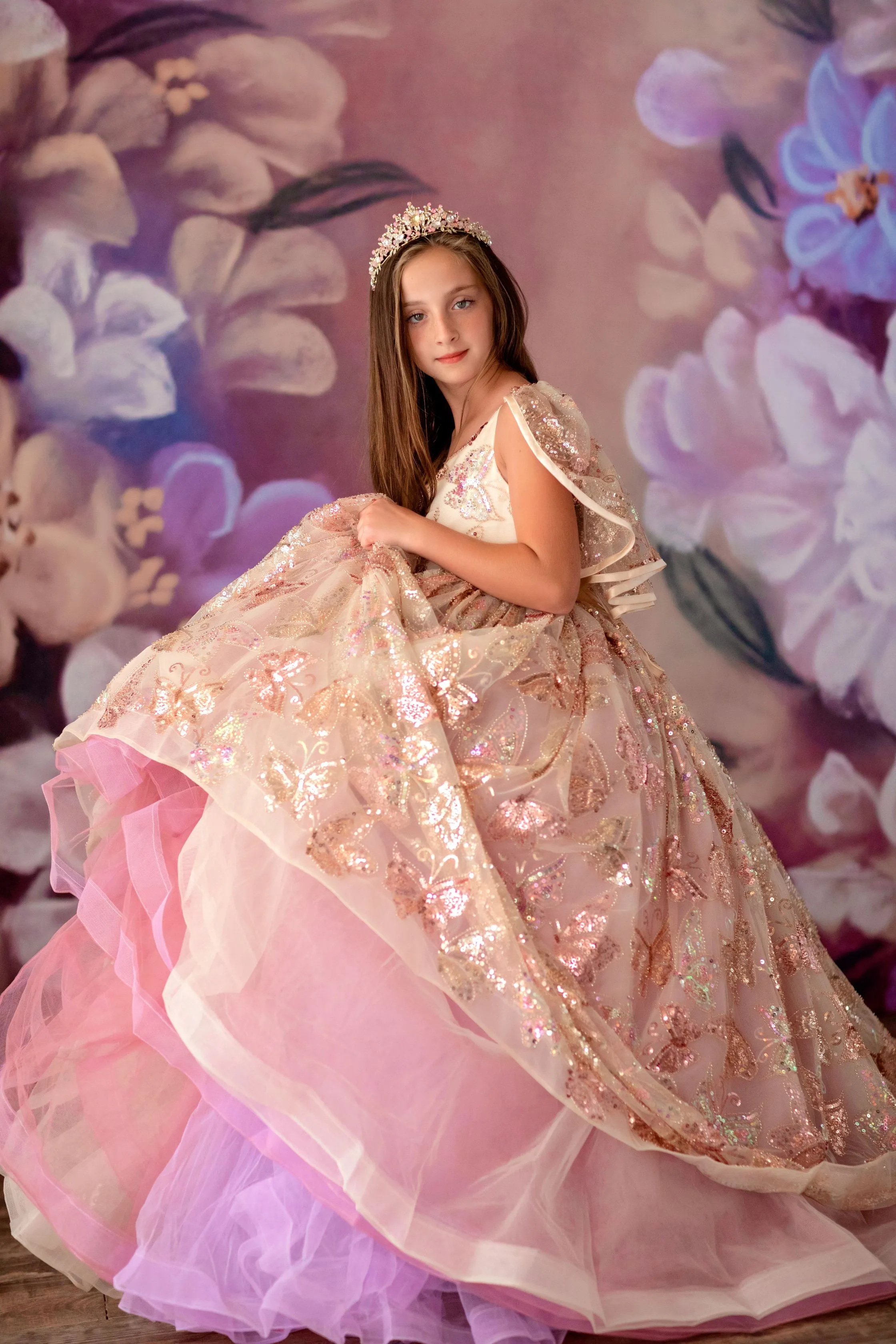 Retired rental euc "Butterfly Dreaming" - Sequin Floor long Length Dress ( 6 Year - Petite 9 Year)