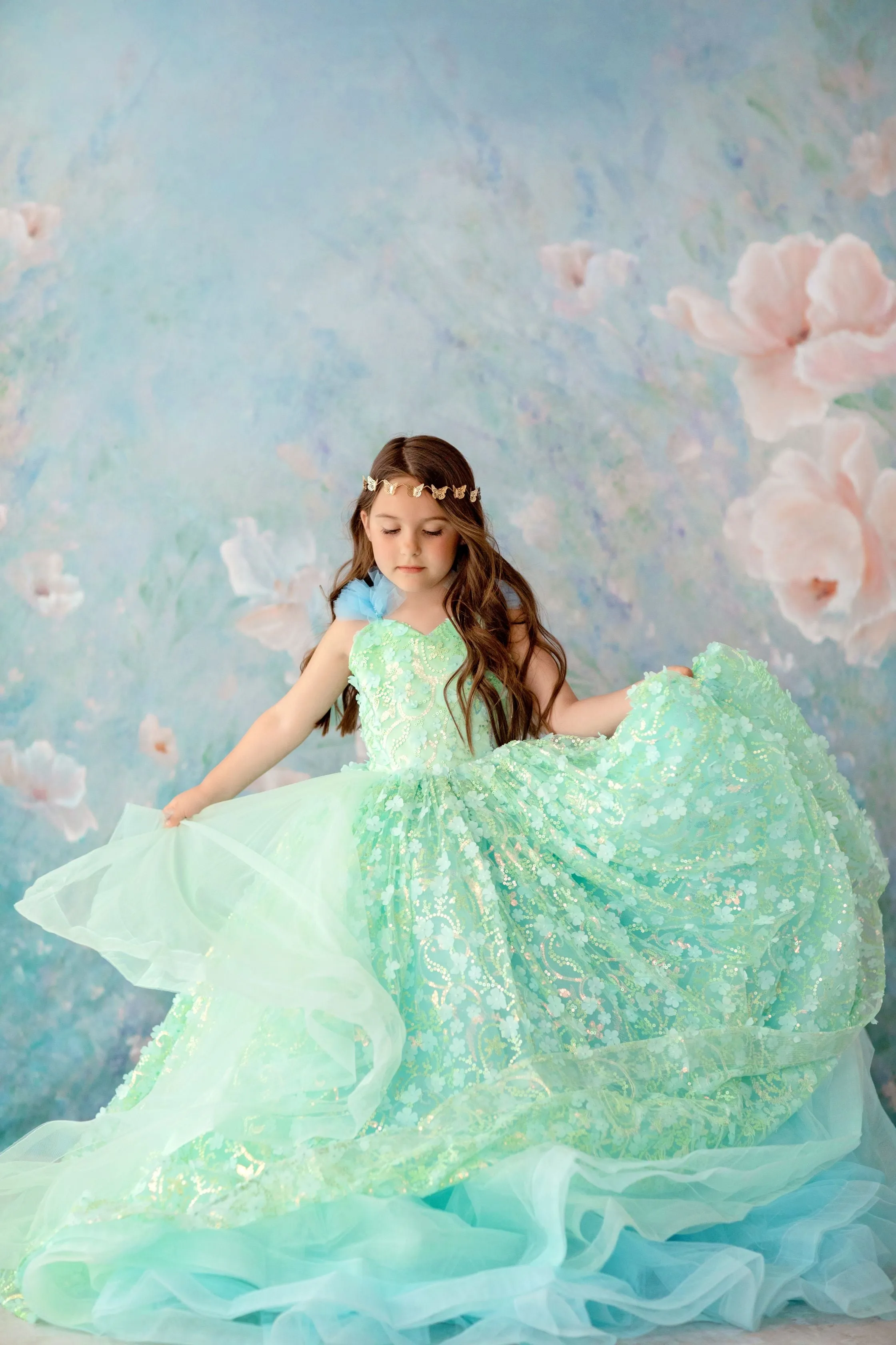 RETIRED RENTAL "Mermaid Dreams" -  Floor Length Floral Gown ( 6 Year - Petite 8 Year)