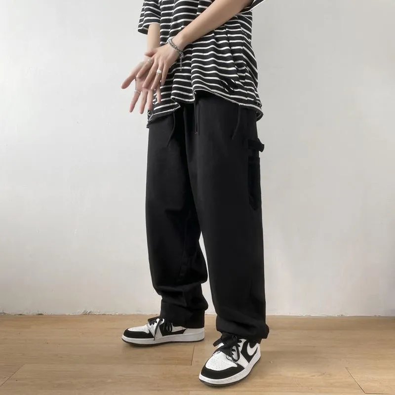 Retro stitching overalls male students loose Hong Kong style high street hip-hop straight-legged wide-leg casual trousers