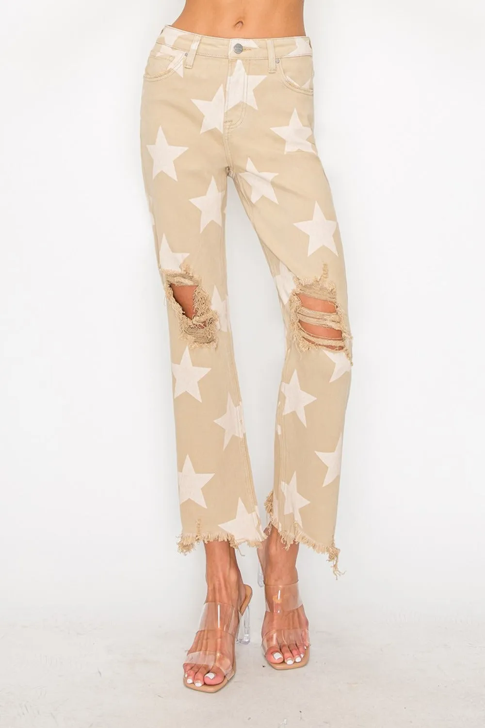 RISEN High Rise Star Printed Frayed Hem Jeans