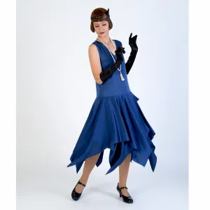 Roaring 20s satin dress in dark blue with handkerchief hemline