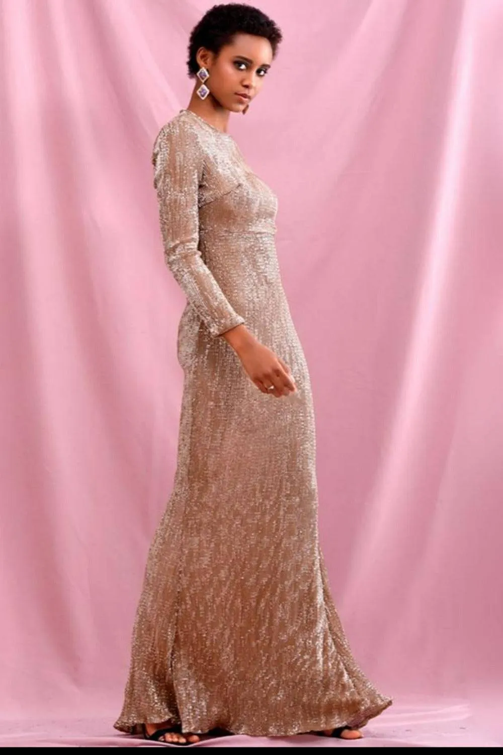 Rose Gold Sequin Long Sleeve Fishtail Maxi Dress