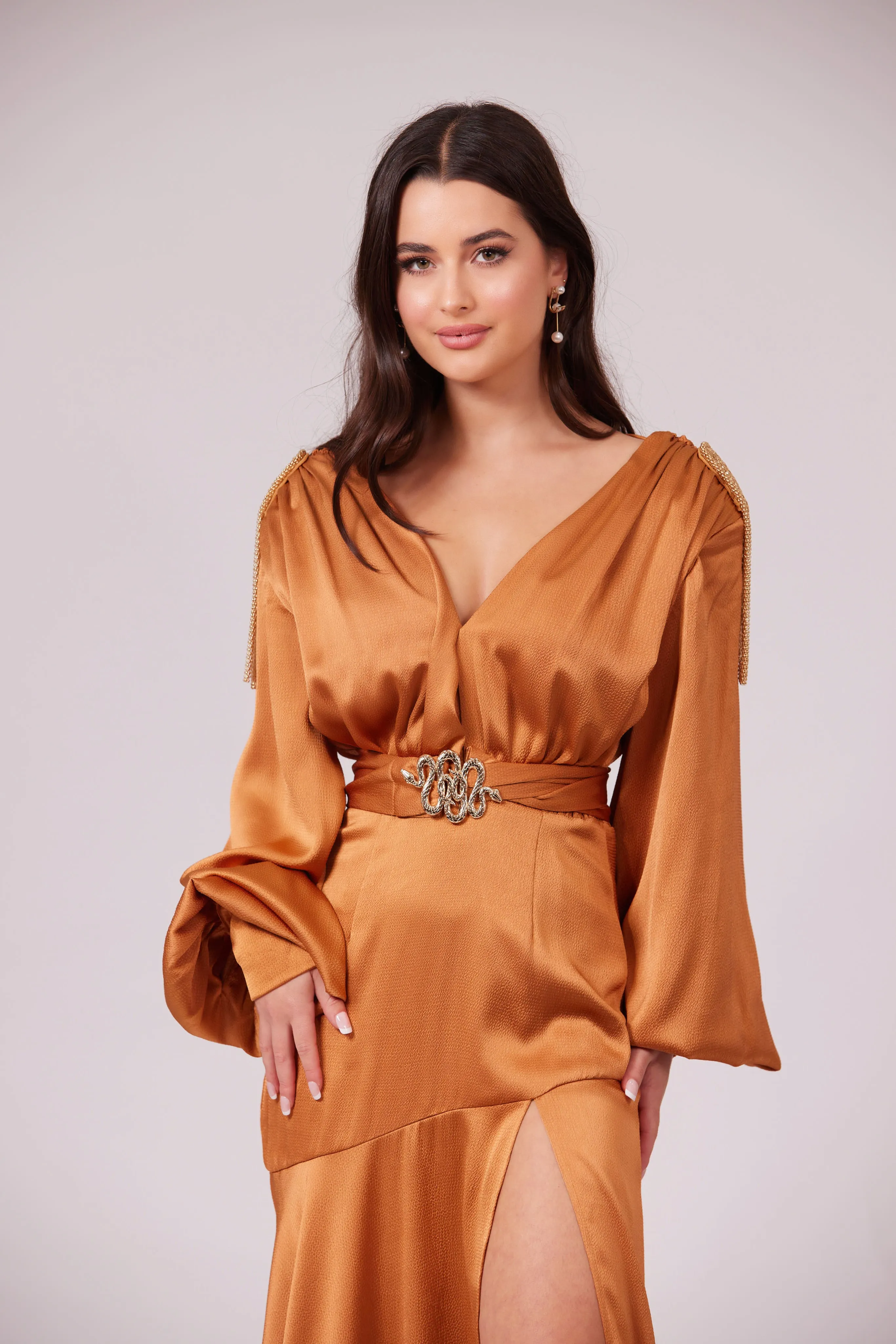 SABRINA GOLDEN CARAMEL V-Neck Slit Maxi Dress