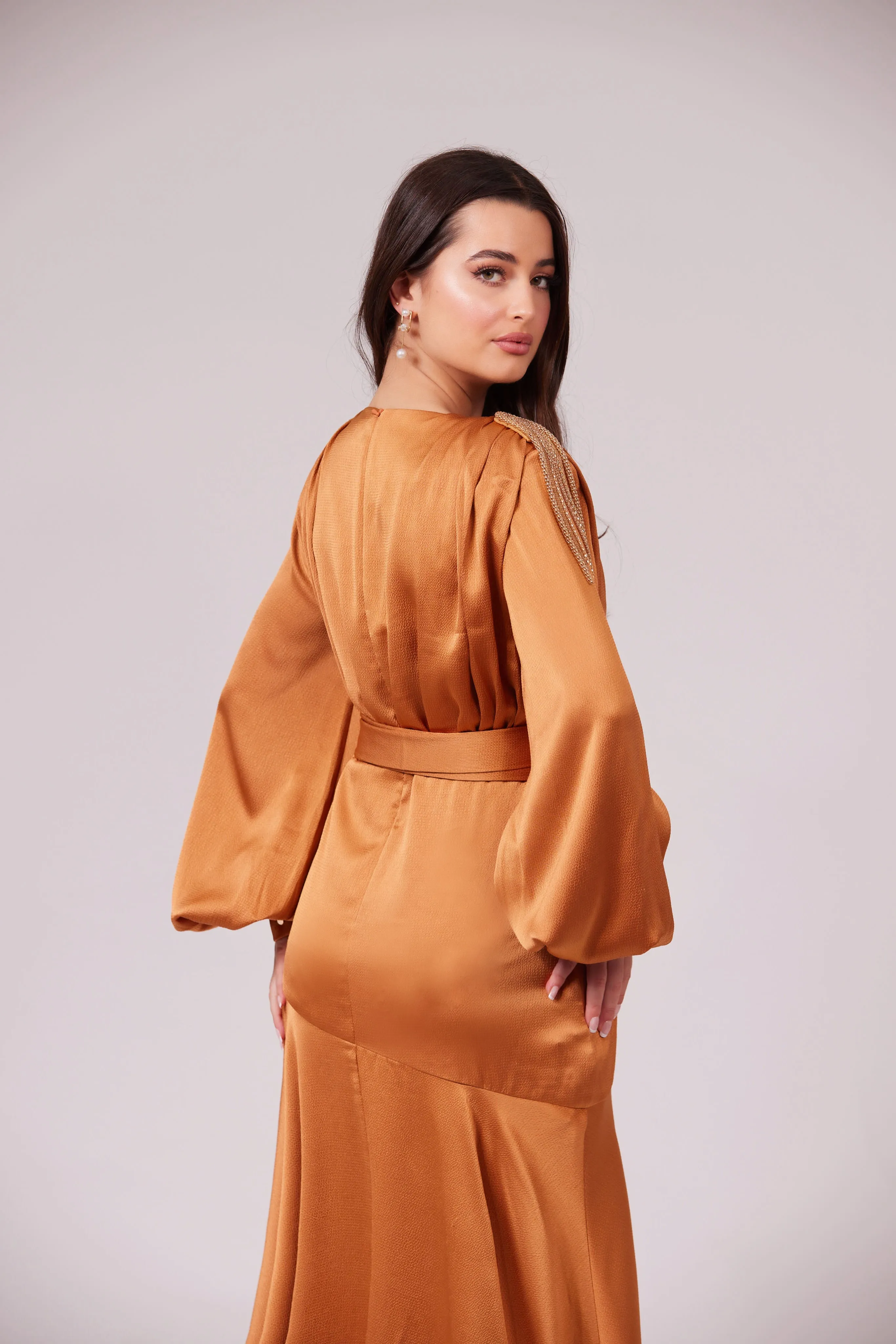 SABRINA GOLDEN CARAMEL V-Neck Slit Maxi Dress