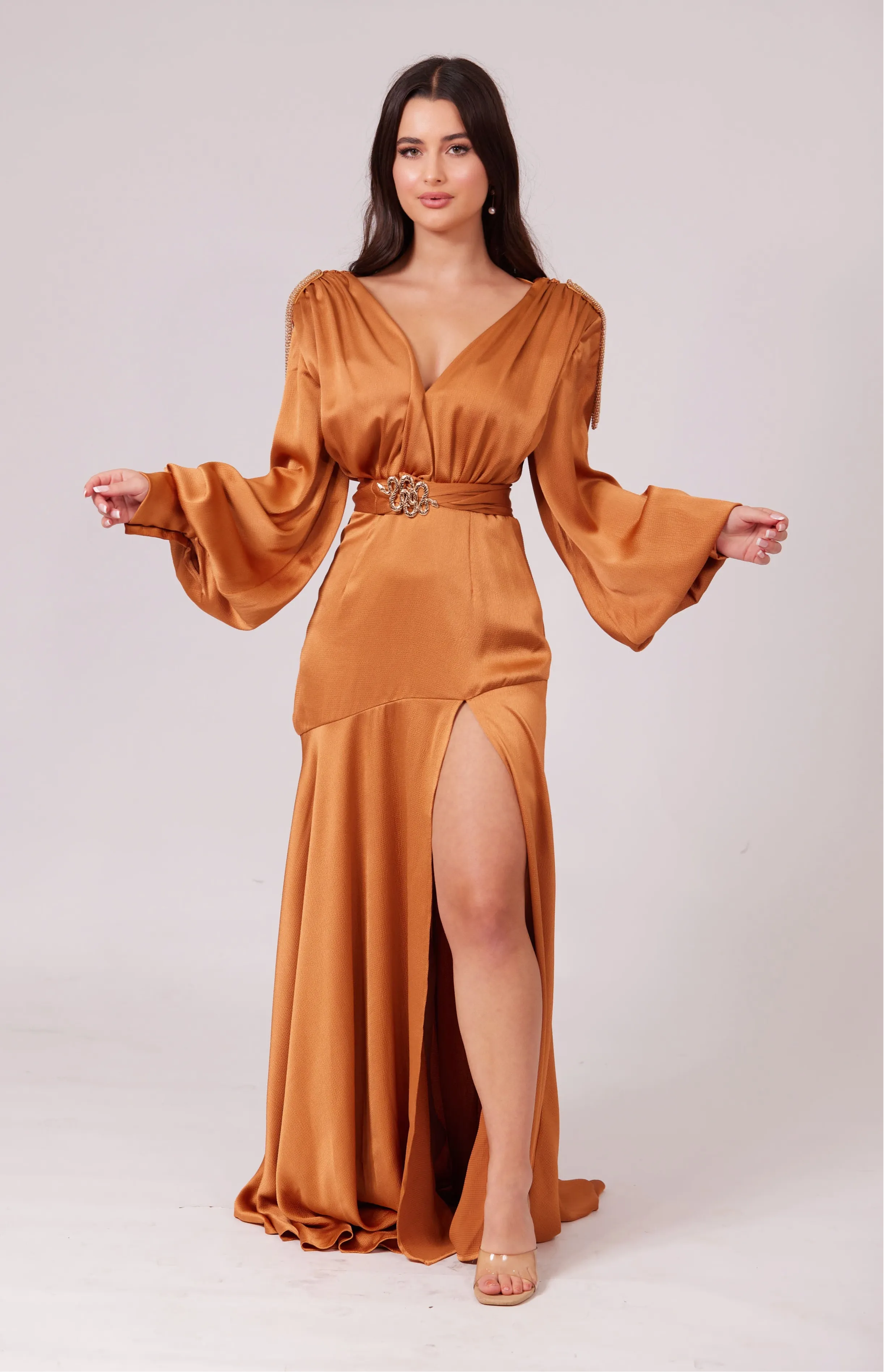 SABRINA GOLDEN CARAMEL V-Neck Slit Maxi Dress