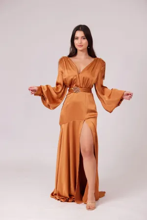 SABRINA GOLDEN CARAMEL V-Neck Slit Maxi Dress