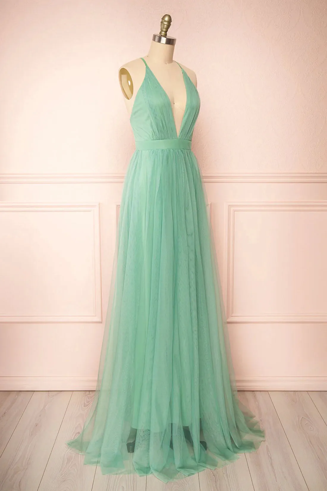 Sage Green V-Neck Tulle Long Prom Dress, Simple Backless Evening Dress