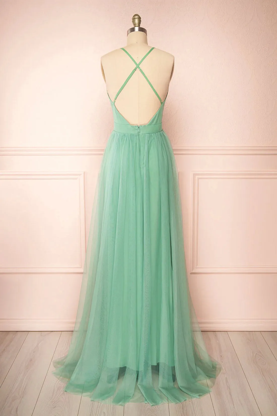 Sage Green V-Neck Tulle Long Prom Dress, Simple Backless Evening Dress