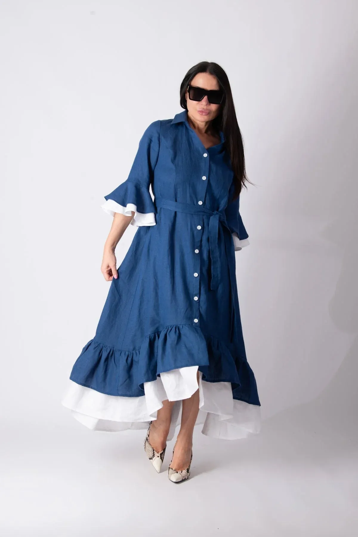 SALEM LINEN FLOUNCES DRESS