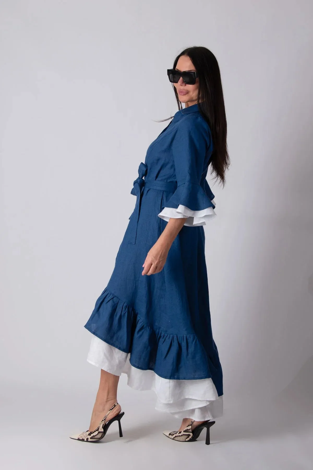 SALEM LINEN FLOUNCES DRESS