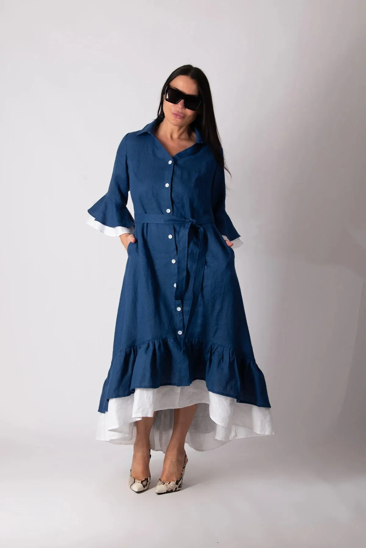 SALEM LINEN FLOUNCES DRESS