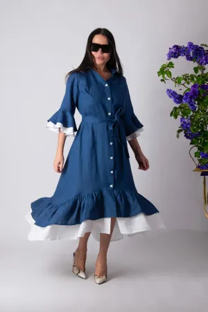 SALEM LINEN FLOUNCES DRESS