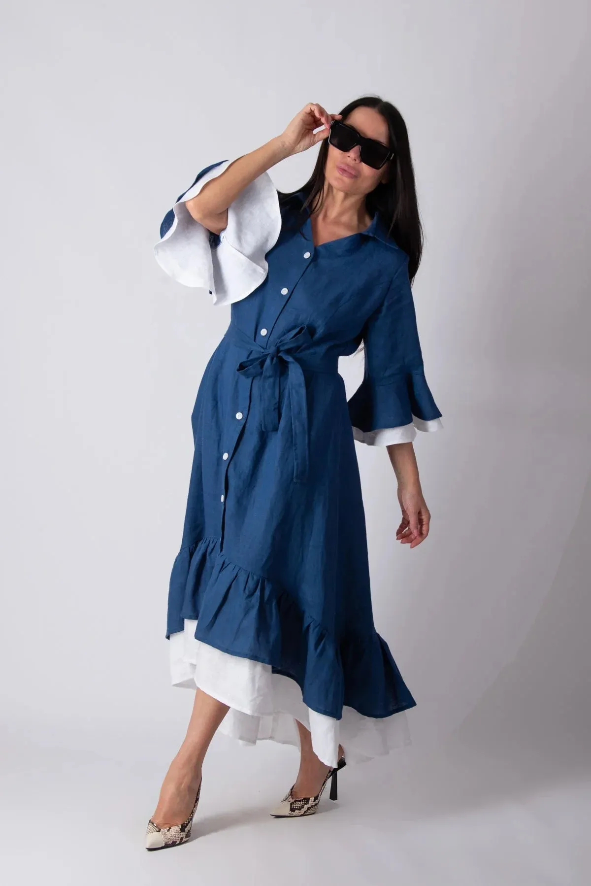 SALEM LINEN FLOUNCES DRESS