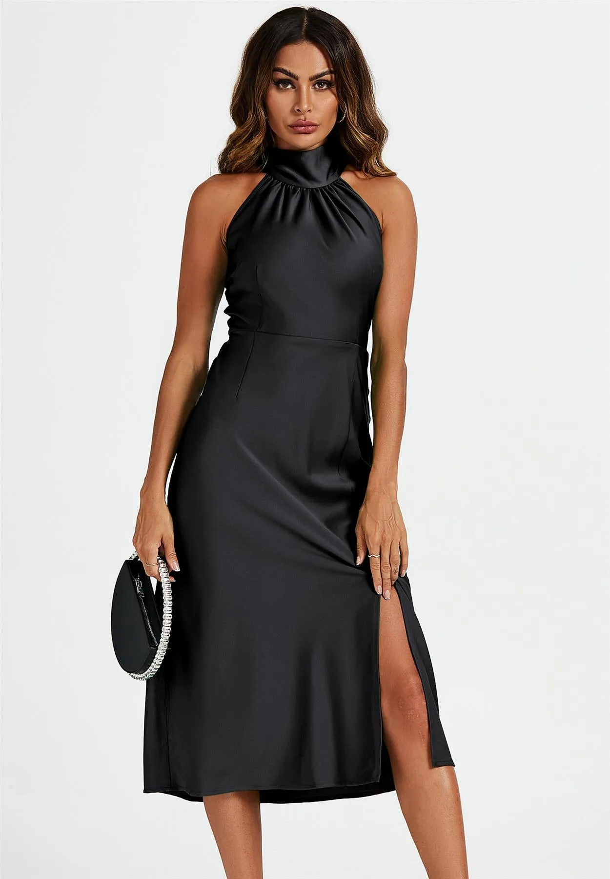 Satin Halter Neck Tie Back Midi Dress In Black