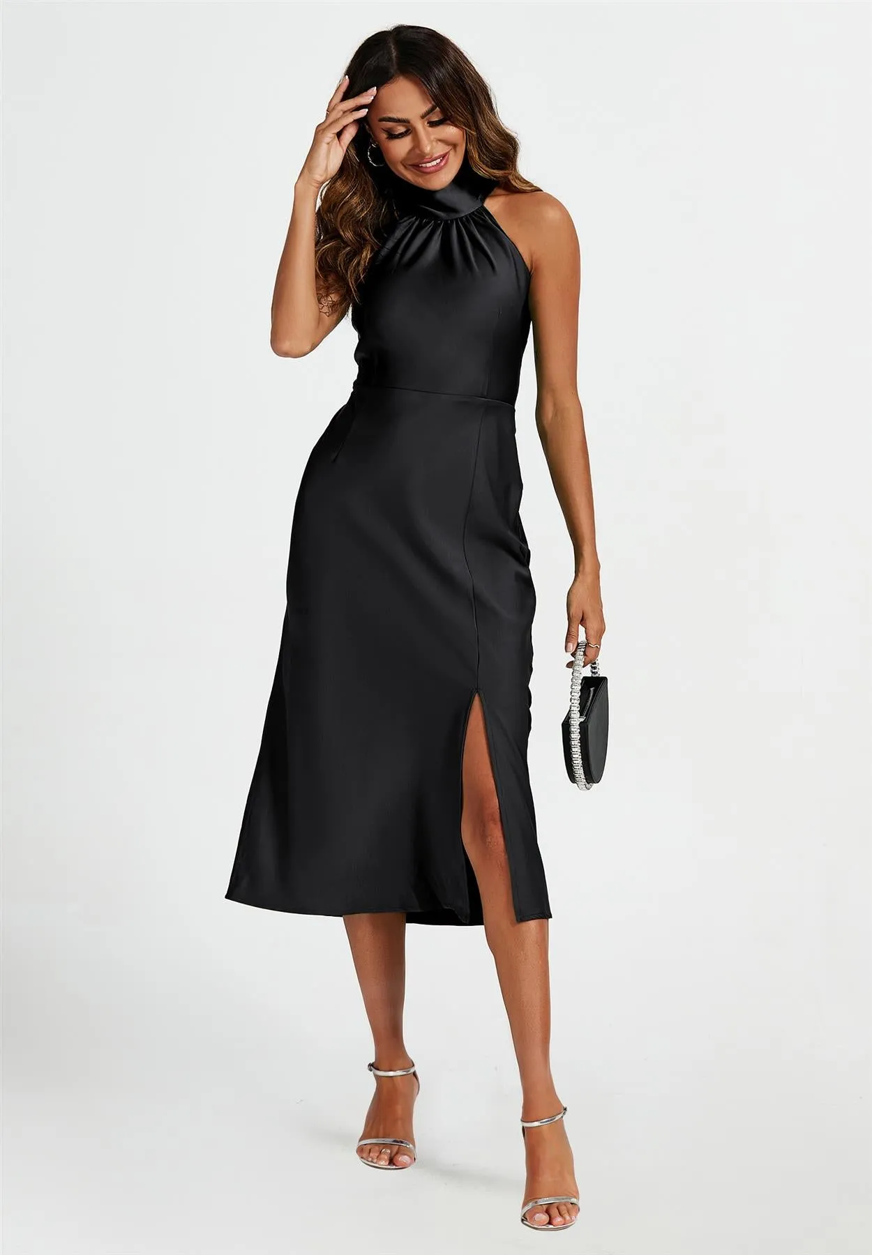 Satin Halter Neck Tie Back Midi Dress In Black