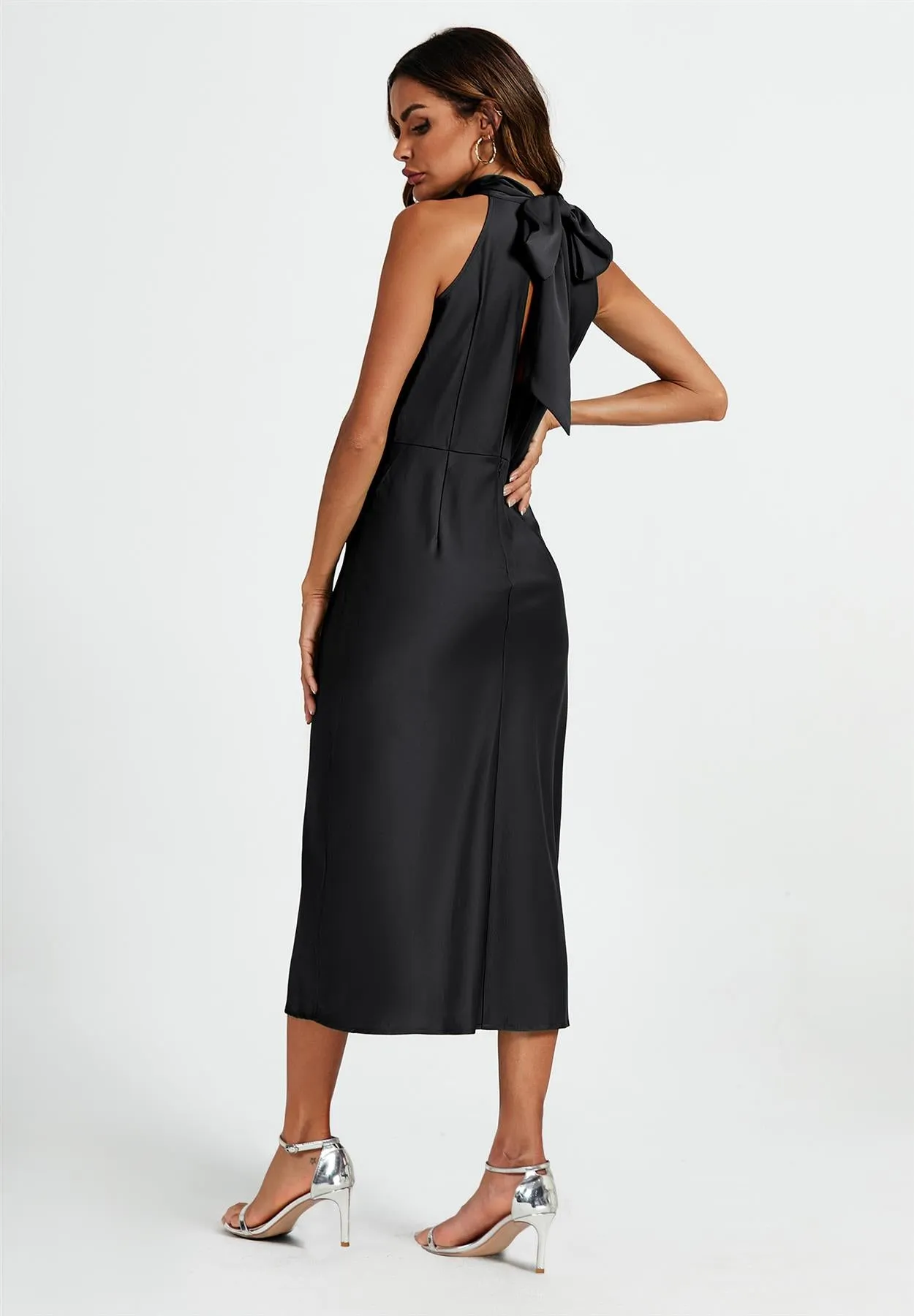 Satin Halter Neck Tie Back Midi Dress In Black