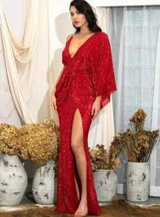 Sequin Draped One Long Sleeve Maxi Dress