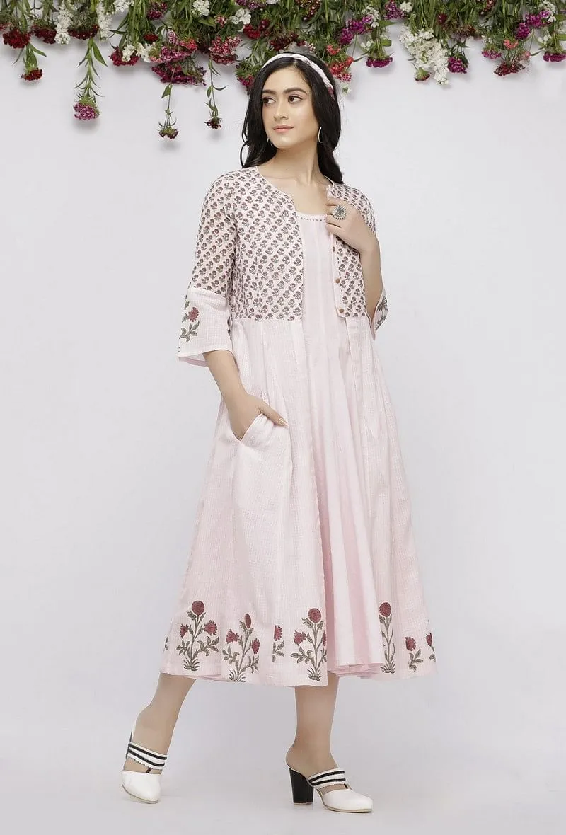 Set of 2: Pink Kalidar Cotton Plain Kurta with Hand-Block Printed Kota  Cape