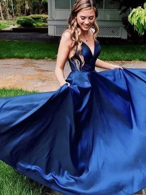 Sexy Blue Long Simple Prom Dress Formal Dress For Dance with Criss-cross Straps