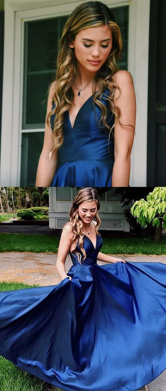 Sexy Blue Long Simple Prom Dress Formal Dress For Dance with Criss-cross Straps